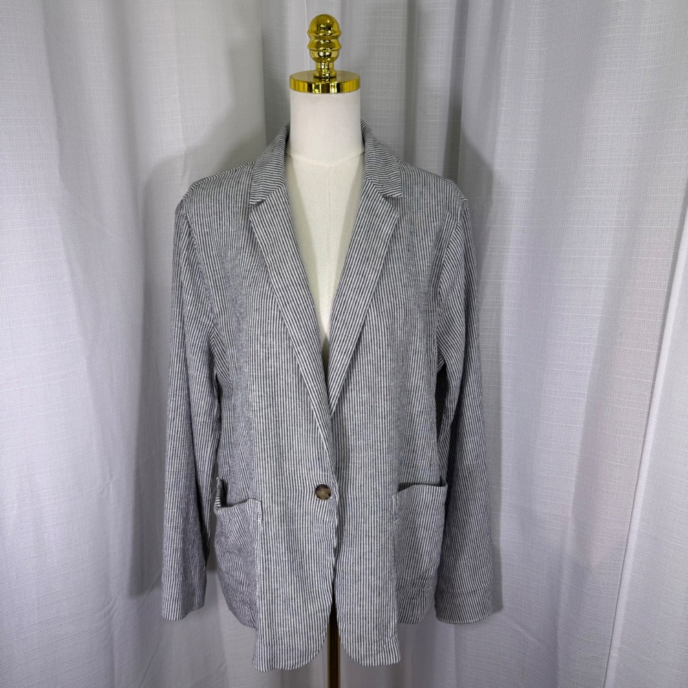 Loft Ann Taylor Blazer Womens XL Navy White Striped Linen Blend Single Button